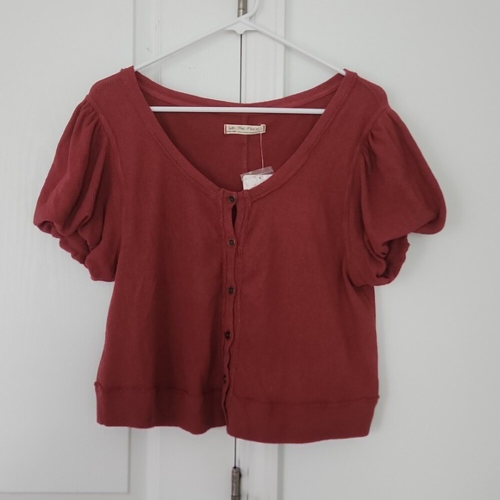 FP Movement by Free People Short Puff-Sleeve Button Cardigan in Brick Red